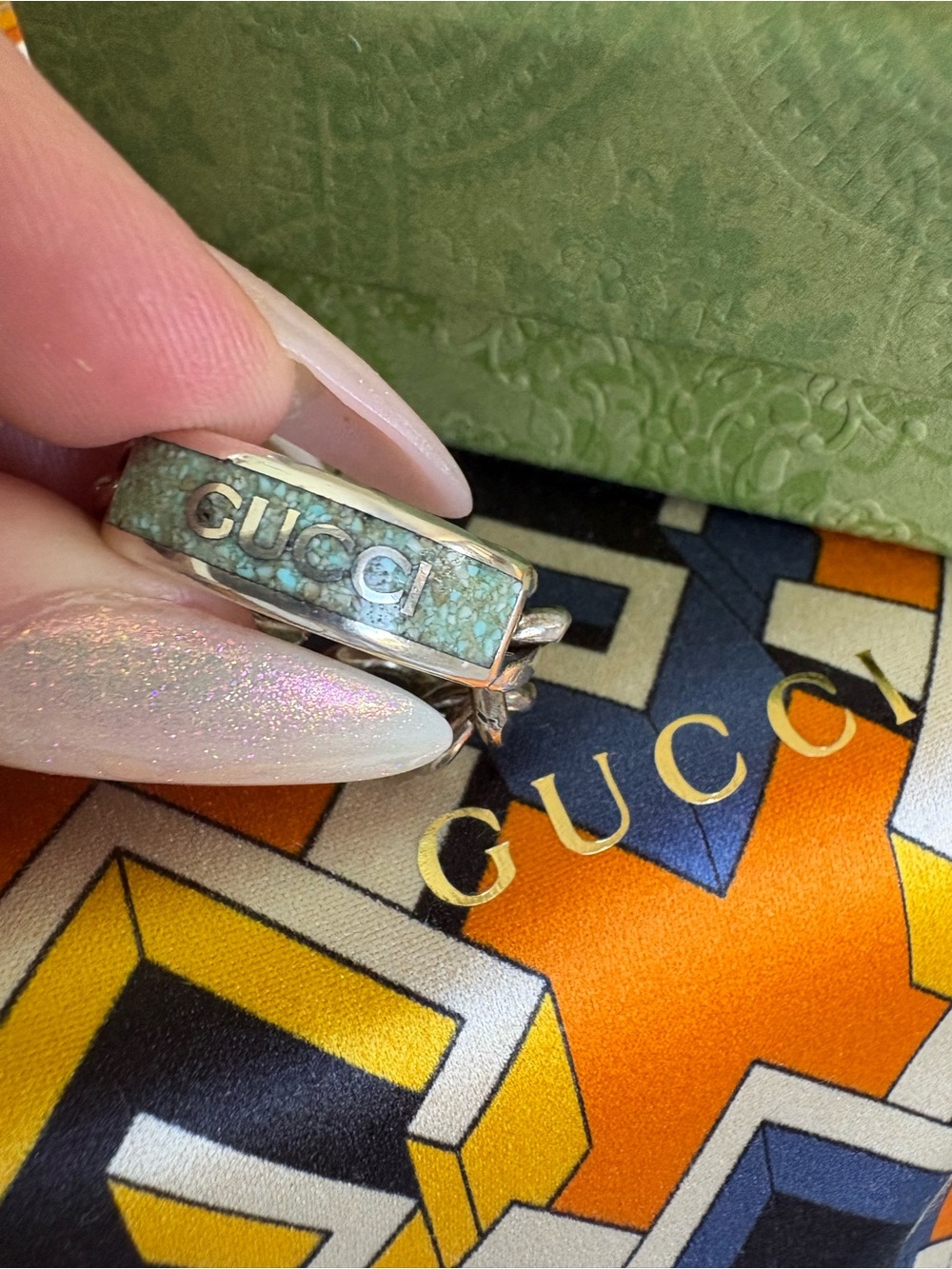AUTHENTIC GUCCI Plate Ring RARE SET Teal 925 Silver Sz 9 Turquoise Green Inlay - Picture 3 of 10